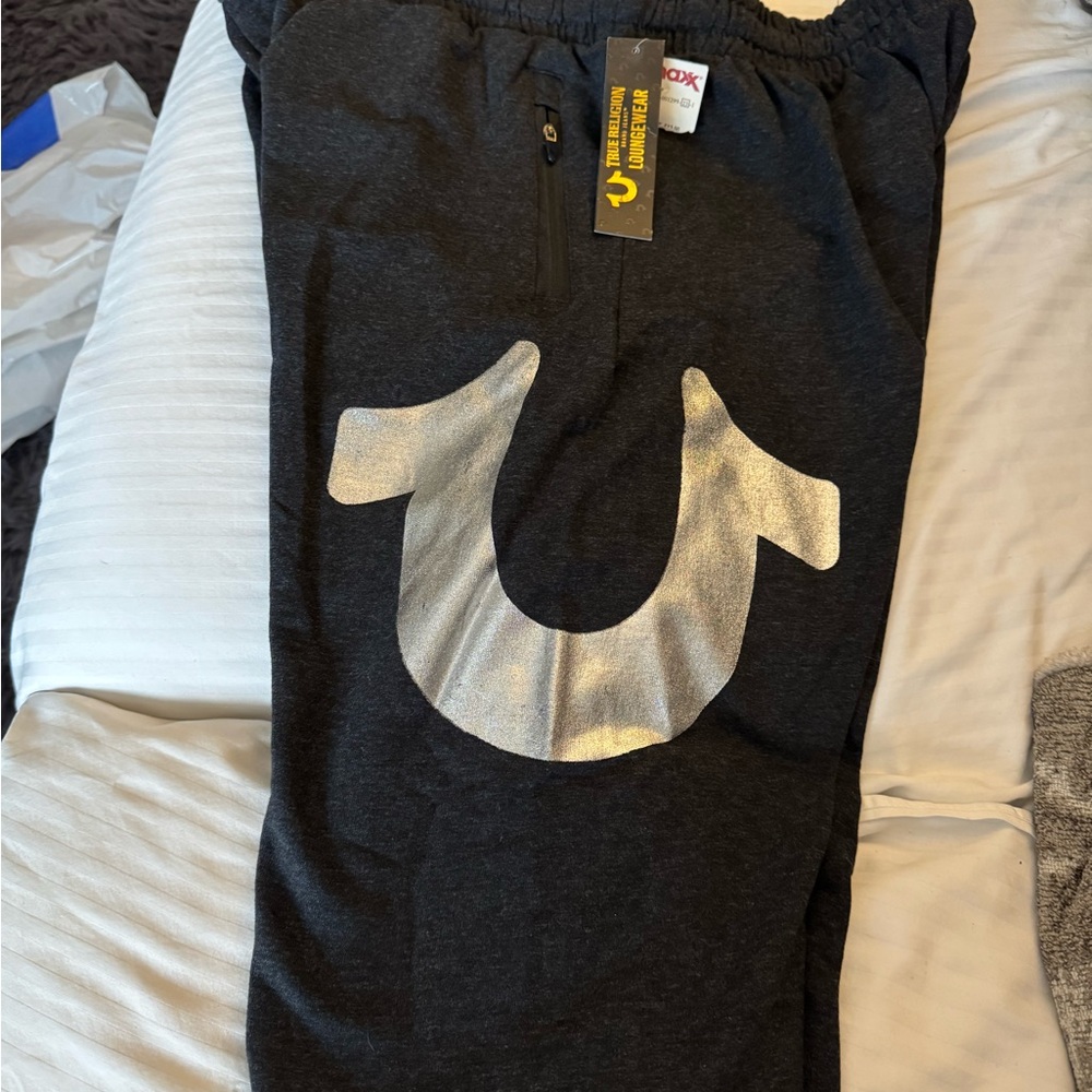 True Religion Men's Dark Gray Joggers with Silver Logo